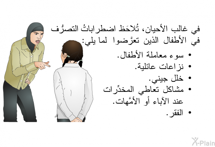 في غالب الأحيان، تُلاحَظ اضطراباتُ التصرُّف في الأطفال الذين تعرَّضوا لما يلي:   سوء معاملة الأطفال.  نزاعات عائلية.  خلل جيني.  مشاكل تعاطي المخدِّرات عند الآباء أو الأمَّهات. الفقر.