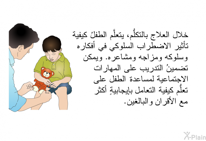 خلال العلاج بالتكلُّم، يتعلَّم الطفلُ كيفية تأثير الاضطراب السلوكي في أفكاره وسلوكه ومزاجه ومشاعره. ويمكن تضمينُ التدريب على المهارات الاجتماعية لمساعدة الطفل على تعلُّم كيفية التعامل بإيجابيةٍ أكثر مع الأقران والبالغين.