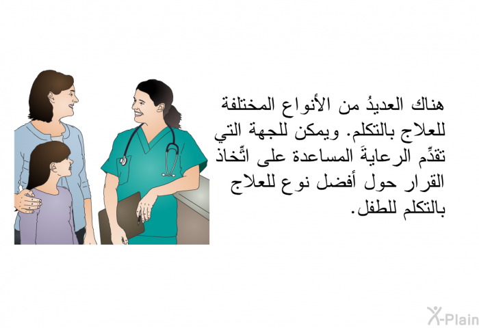 هناك العديدُ من الأنواع المختلفة للعلاج بالتكلُّم. ويمكن للجهة التي تقدِّم الرعايةَ المساعدة على اتِّخاذ القرار حول أفضل نوع للعلاج بالتكلُّم للطفل.