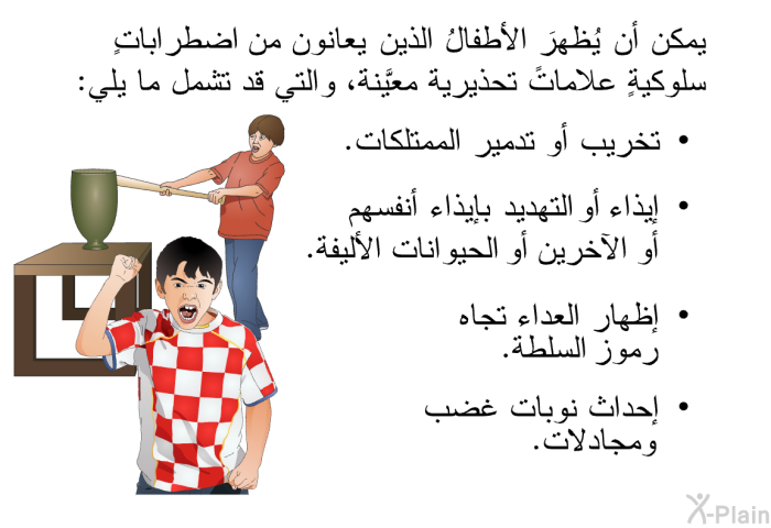 يمكن أن يُظهِرَ الأطفالُ الذين يعانون من اضطراباتٍ سلوكيةٍ علامات تحذيرية معيَّنةٍ، والتي قد تشمل ما يلي:   تخريب أو تدمير الممتلكات.  إيذاء أو التهديد بإيذاء أنفسهم أو الآخرين أو الحيوانات الأليفة.  إظهار العداء تجاه رموز السلطة. إحداث نوبات غضب ومجادلات.
