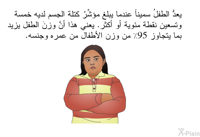 يعدُّ الطفلُ سميناً عندما يبلغ مؤشِّرُ كتلة الجسم لديه خمسة وتسعين نقطة مئوية أو أكثر. يعني هذا أنَّ وزنَ الطفل يزيد بما يتجاوز 95٪ من وزن الأطفال من عمره وجنسه.