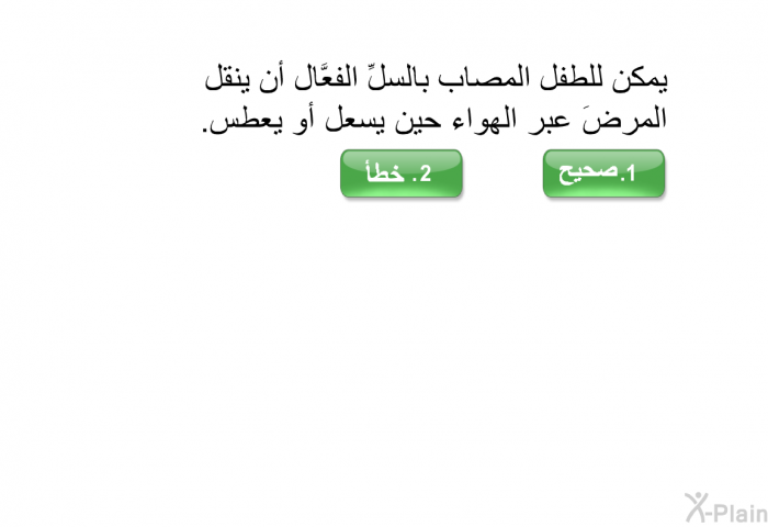 يمكن للطفل المصاب بالسلِّ الفعَّال أن ينقل المرضَ عبر الهواء حين يسعل أو يعطس<B>.</B>