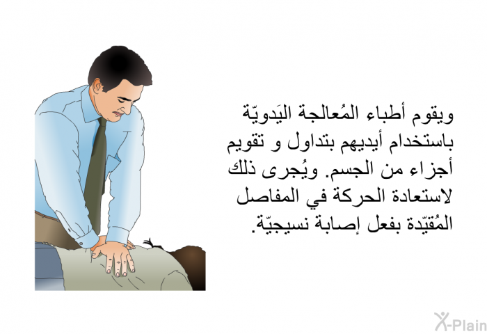 ويقوم أطباء المُعالجة اليَدويّة باستخدام أيديهم بتداول و تقويم أجزاء من الجسم. ويُجرى ذلك لاستعادة الحركة في المفاصل المُقيّدة بفعل إصابة نسيجيّة.