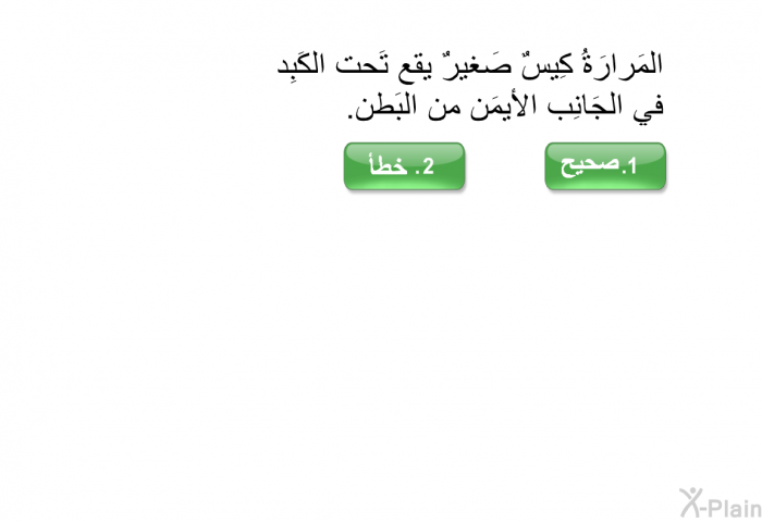 المَرارَةُ كِيسٌ صَغيرٌ يقع تَحت الكَبِد في الجَانِب الأيمَن من البَطن.