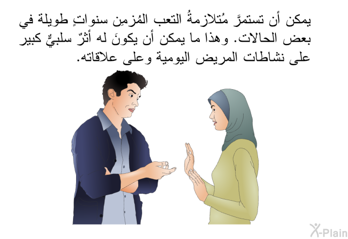 يمكن أن تستمرَّ مُتلازمةُ التعب المُزمِن سنواتٍ طويلة في بعض الحالات. وهذا ما يمكن أن يكونَ له أثرٌ سلبيٌّ كبير على نشاطات المريض اليومية وعلى علاقاته.