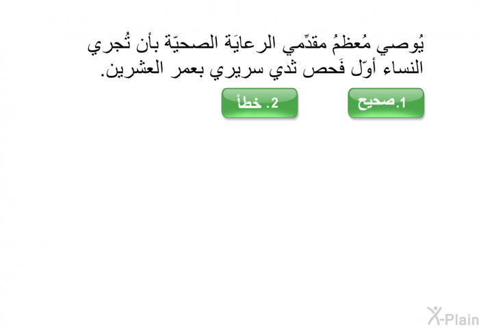 يُوصي مُعظمُ مقدِّمي الرعايَة الصحيّة بأن تُجري النساء أوّل فَحص ثدي سريري بعمر العشرين.