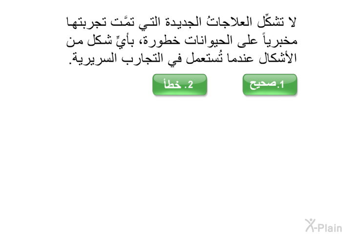 لا تشكِّل العلاجاتُ الجديدة التي تمَّت تجربتُها مخبرياً على الحيوانات خطورة، بأيٍّ شكل من الأشكال عندما تُستعمل في التجارب السريرية.