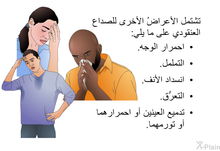 تشتمل الأعراضُ الأخرى للصداع العنقودي على ما يلي:  احمرار الوجه. التململ. انسداد الأنف. التعرُّق. تدميع العينين أو احمرارهما أو تورمهما.