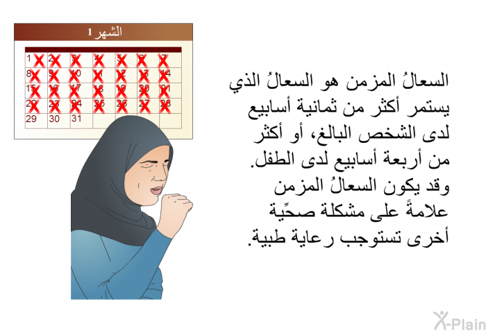 السعالُ المزمن هو السعالُ الذي يستمر أكثر من ثمانية أسابيع لدى الشخص البالغ، أو أكثر من أربعة أسابيع لدى الطفل. وقد يكون السعالُ المزمن علامةً على مشكلة صحِّية أخرى تستوجب رعاية طبية.