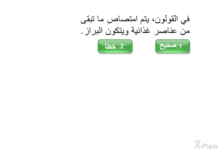 في القولون، يتم امتصاص ما تبقى من عناصر غذائية ويتكون البراز.