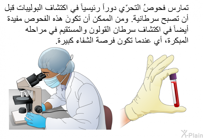 تمارس فحوصُ التحرِّي دوراً رئيسياً في اكتشاف البوليبات قبل أن تصبح سرطانية. ومن الممكن أن تكونَ هذه الفحوص مفيدة أيضاً في اكتشاف سرطان القولون والمستقيم في مراحله المبكرة، أي عندما تكون فرصة الشفاء كبيرة.