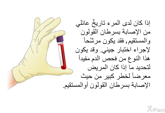 إذا كان لدى المرء تاريخٌ عائلي من الإصابة بسرطان القولون والمستقيم، فقد يكون مرشَّحاً لإجراء اختبار جيني. وقد يكون هذا النوع من فحص الدم مفيداً لتحديد ما إذا كان المريض معرضاً لخطر كبير من حيث الإصابةُ بسرطان القولون أوالمستقيم.