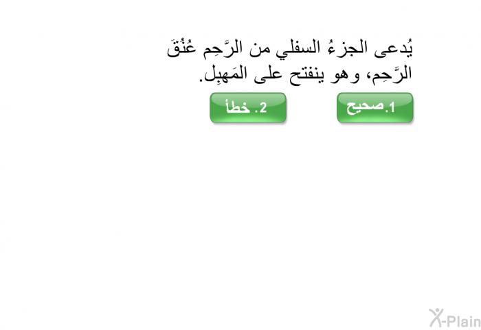 يُدعى الجزءُ السفلي من الرَّحِم عُنُقَ الرَّحِم، وهو ينفتح على المَهبِل.