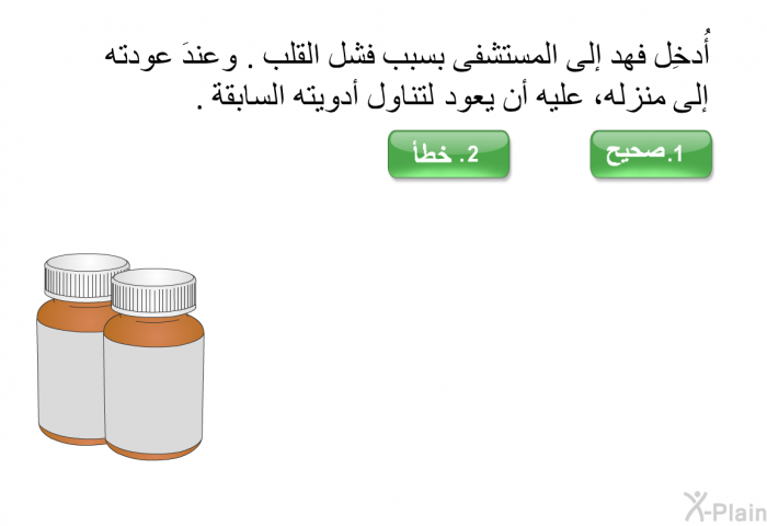 أُدخِل فهد إلى المستشفى بسبب فشل القلب. وعندَ عودته إلى منزله، عليه أن يعود لتناول أدويته السابقة.