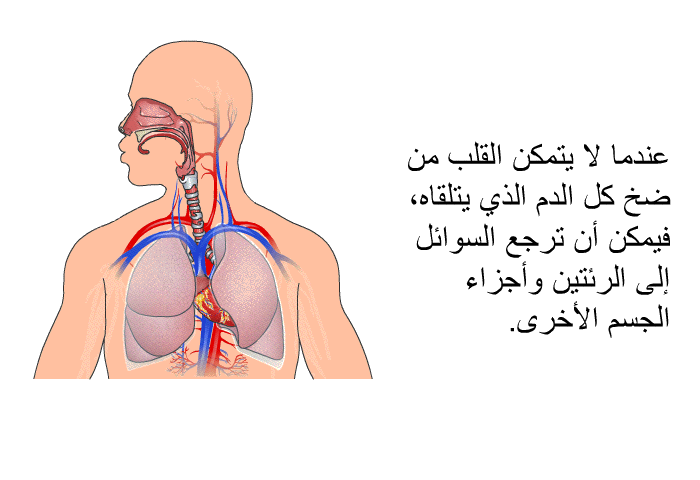 عندما لا يتمكن القَلب من ضخ كل الدم الذي يتلقاه، فيمكن أن ترجع السوائل إلى الرئتين وأجزاء الجسم الأخرى.