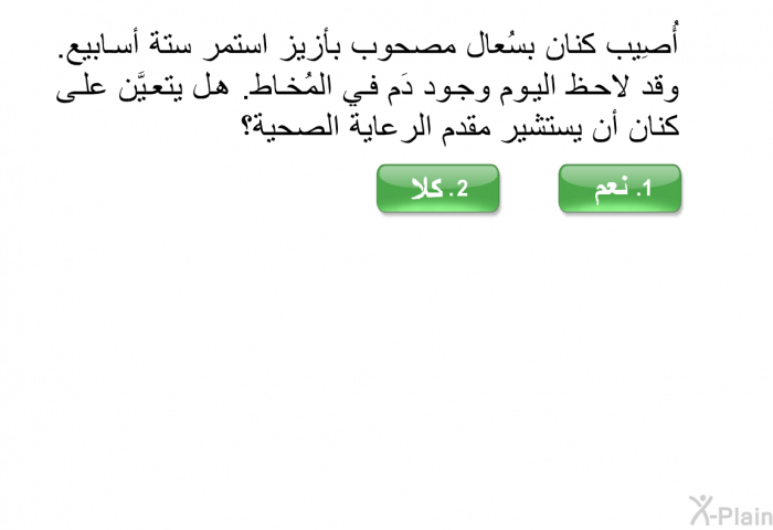 أُصِيب كنان بسُعال مصحوب بأزيز استمر ستة أسابيع. وقد لاحظ اليوم وجود دَم في المُخاط. هل يتعيَّن على كنان أن يستشير مقدم الرعاية الصحية؟