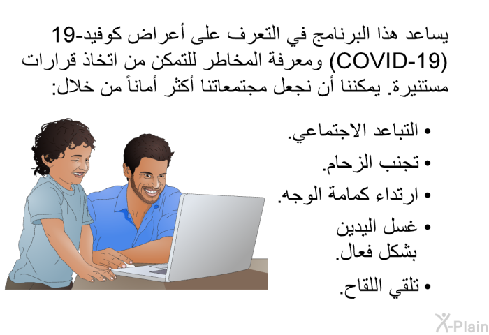 تساعد هذه المعلومات الصحية في التعرف على أعراض كوفيد-19 (COVID-19) ومعرفة المخاطر للتمكن من اتخاذ قرارات مستنيرة. يمكننا أن نجعل مجتمعاتنا أكثر أماناً من خلال:   التباعد الاجتماعي.  تجنب الزحام.  ارتداء كمامة الوجه.  غسل اليدين بشكل فعال. تلقي اللقاح.