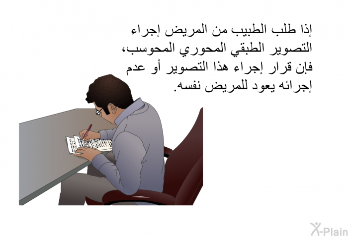 إذا طلب الطبيب من المريض إجراء التصوير الطبقي المحوري المحوسب، فإن قرار إجراء هذا التصوير أو عدم إجرائه يعود للمريض نفسه.