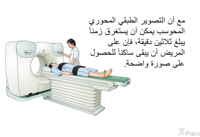 مع أن التصوير الطبقي المحوري المحوسب يمكن أن يستغرق زمناً يبلغ ثلاثين دقيقة، فإن على المريض أن يبقى ساكناً للحصول على صورة واضحة.