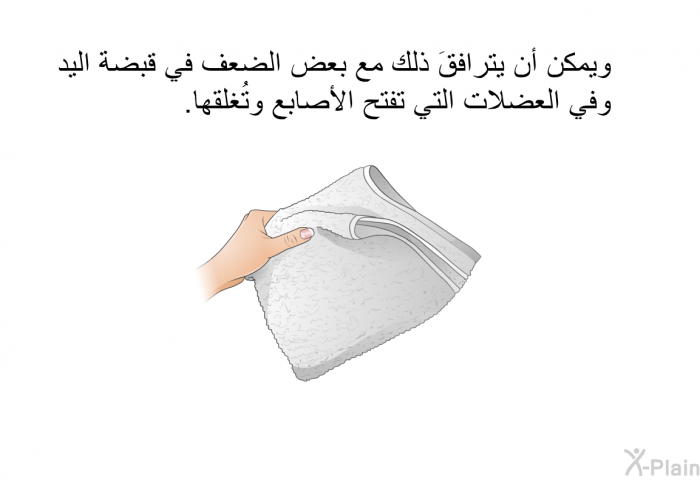 ويمكن أن يترافقَ ذلك مع بعض الضعف في قبضة اليد وفي العضلات التي تفتح الأصابع وتُغلقها.