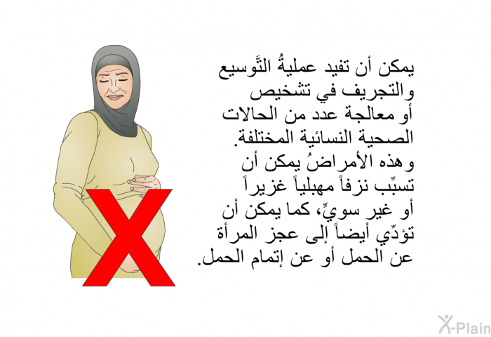 يمكن أن تفيد عمليةُ التَّوسيع والتجريف في تشخيص أو معالجة عدد من الحالات الصحية النسائية المختلفة. وهذه الأمراضُ يمكن أن تسبِّب نزفاً مهبلياً غزيراً أو غير سويٍّ، كما يمكن أن تؤدِّي أيضاً إلى عجز المرأة عن الحمل أو عن إتمام الحمل.