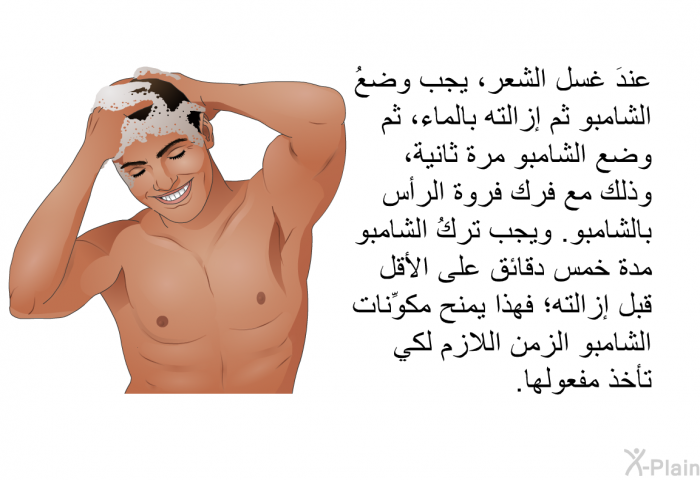 عندَ غسل الشعر، يجب وضعُ الشامبو ثم إزالته بالماء، ثم وضع الشامبو مرة ثانية، وذلك مع فرك فروة الرأس بالشامبو. ويجب تركُ الشامبو مدة خمس دقائق على الأقل قبل إزالته؛ فهذا يمنح مكوِّنات الشامبو الزمن اللازم لكي تأخذ مفعولها.
