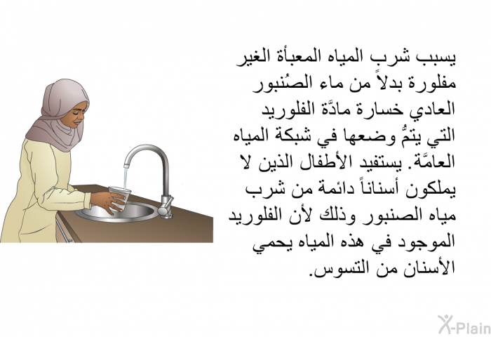 يسبب شرب المياه المعبأة الغير مفلورة بدلاً من ماء الصُنبور العادي خسارة مادَّة الفلوريد التي يتمُّ وضعها في شبكة المياه العامَّة. يستفيد الأطفال الذين لا يملكون أسناناً دائمة من شرب مياه الصنبور وذلك لأن الفلوريد الموجود في هذه المياه يحمي الأسنان من التسوس.