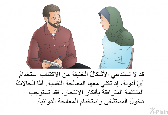 قد لا تستدعي الأشكالُ الخفيفة من الاكتئاب استخدامَ أيّ أدوية، إذ تكفي معها المعالجة النفسية. أمَّا الحالاتُ المتقدِّمة المترافقة بأفكار الانتحار، فقد تستوجب دخولَ المستشفى واستخدام المعالجة الدوائية.