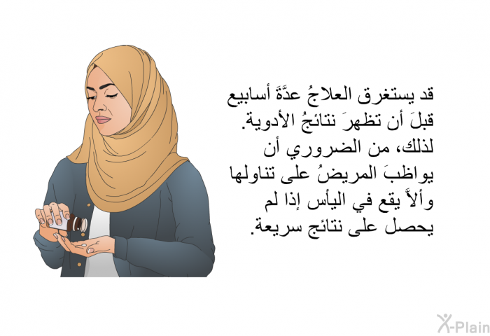 قد يستغرق العلاجُ عدَّةَ أسابيع قبلَ أن تظهرَ نتائجُ الأدوية. لذلك، من الضروري أن يواظبَ المريضُ على تناولها وألاَّ يقع في اليأس إذا لم يحصل على نتائج سريعة.