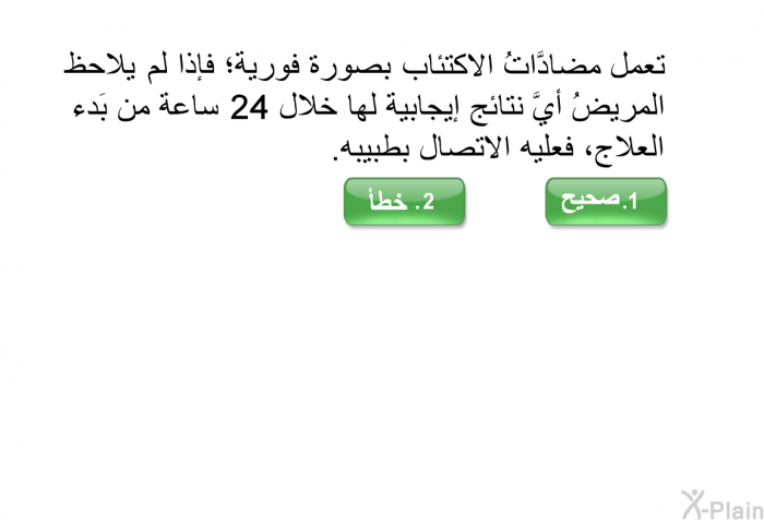 تعمل مضادَّاتُ الاكتئاب بصورة فورية؛ فإذا لم يلاحظ المريضُ أيَّ نتائج إيجابية لها خلال 24 ساعة من بَدء العلاج، فعليه الاتصال بطبيبه.