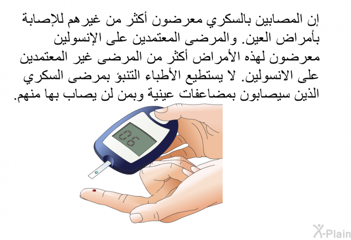 إن المصابين بالسكري معرضون أكثر من غيرهم للإصابة بأمراض العين. والمرضى المعتمدين على الإنسولين معرضون لهذه الأمراض أكثر من المرضى غير المعتمدين على الانسولين. لا يستطيع الأطباء التنبؤ بمرضى السكري الذين سيصابون بمضاعفات عينية وبمن لن يصاب بها منهم.