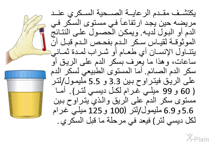 يكتشف مقدم الرعاية الصحية السكري عند مريضه حين يجد ارتفاعاً في مستوى السكر في الدم أو البول لديه. ويمكن الحصول على النتائج الموثوقة لقياس سكر الدم بفحص الدم قبل أن يتناول الإنسان أي طعام أو شراب لمدة ثماني ساعات، وهذا ما يعرف بسكر الدم على الريق أو سكر الدم الصائم. أما المستوى الطبيعي لسكر الدم على الريق فيتراوح بين 3.3 و 5.5 مليمول/لتر (60 و 99 ميلي غرام لكل ديسي لتر). أما مستوى سكر الدم على الريق والذي يتراوح بين 5.6 و 6.9 مليمول/لتر (100 و 125 ميلي غرام لكل ديسي لتر) فيعد في مرحلة ما قبل السكري.