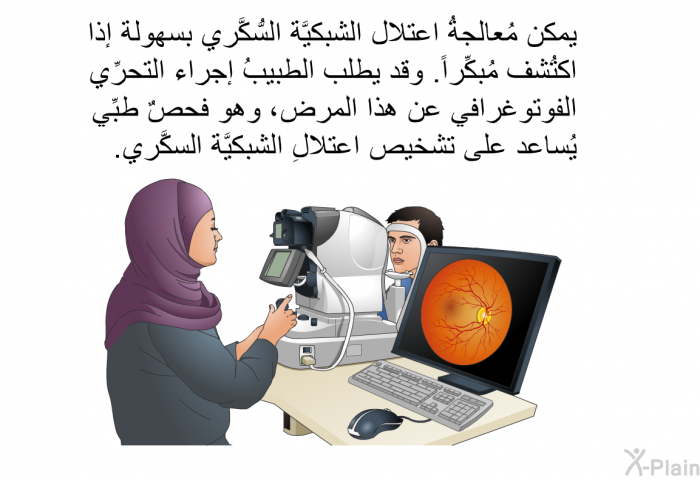 يمكن مُعالجةُ اعتلال الشبكيَّة السُّكَّري بسهولة إذا اكتُشف مُبكِّراً. وقد يطلب الطبيبُ إجراء التحرِّي الفوتوغرافي عن هذا المرض، وهو فحصٌ طبِّي يُساعد على تشخيص اعتلالِ الشبكيَّة السكَّري.