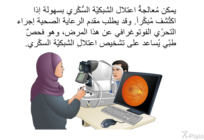 يمكن مُعالجةُ اعتلال الشبكيَّة السُّكَّري بسهولة إذا اكتُشف مُبكِّراً. وقد يطلب مقدم الرعاية الصحية إجراء التحرِّي الفوتوغرافي عن هذا المرض، وهو فحصٌ طبِّي يُساعد على تشخيص اعتلالِ الشبكيَّة السكَّري.