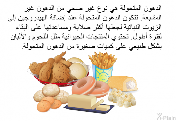 الدهون المتحولة هي نوع غير صحي من الدهون غير المشبعة. تتكون الدهون المتحولة عند إضافة الهيدروجين إلى الزيوت النباتية لجعلها أكثر صلابة ومساعدتها على البقاء لفترة أطول. تحتوي المنتجات الحيوانية مثل اللحوم والألبان بشكل طبيعي على كميات صغيرة من الدهون المتحولة.