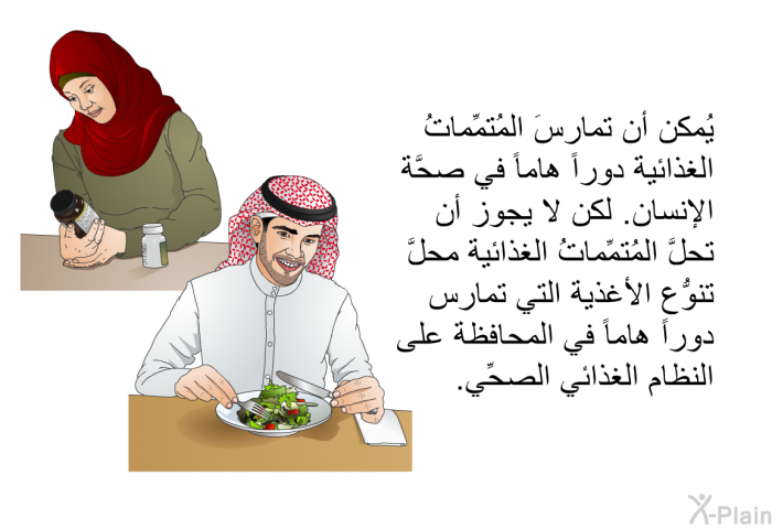 يُمكن أن تمارسَ المُتمِّماتُ الغذائية دوراً هاماً في صحَّة الإنسان. لكن لا يجوز أن تحلَّ المُتمِّماتُ الغذائية محلَّ تنوُّع الأغذية التي تمارس دوراً هاماً في المحافظة على النظام الغذائي الصحِّي.