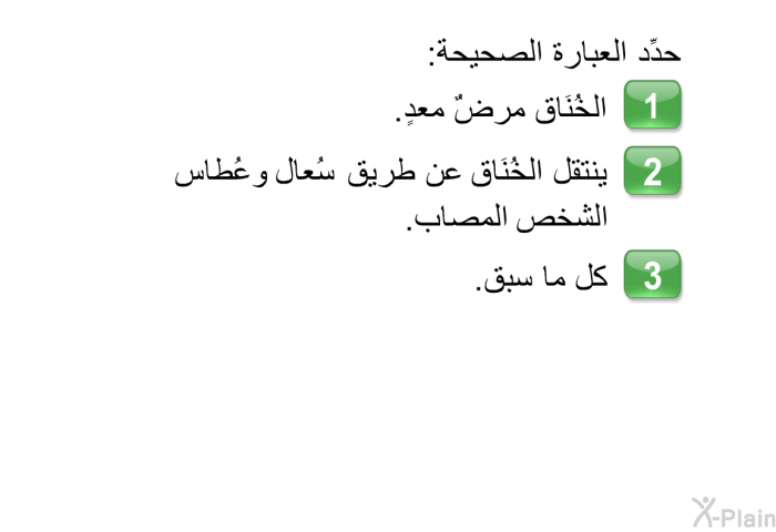 حدِّد العبارة الصحيحة:   الخُنَاق مرضٌ معدٍ.  ينتقل الخُنَاق عن طريق سُعال وعُطاس الشخص المصاب. كل ما سبق.