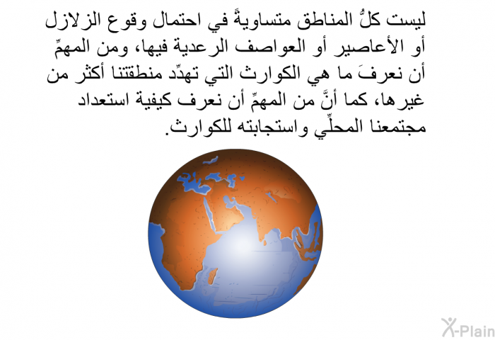 ليست كلُّ المناطق متساويةً في احتمال وقوع الزلازل أو الأعاصير أو العواصف الرعدية فيها، ومن المهمِّ أن نعرفَ ما هي الكوارث التي تهدِّد منطقتنا أكثر من غيرها، كما أنَّ من المهمِّ أن نعرف كيفية استعداد مجتمعنا المحلِّي واستجابته للكوارث.