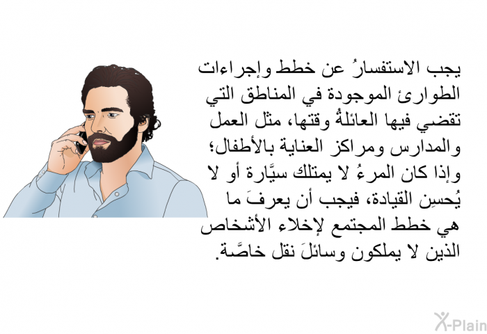 يجب الاستفسارُ عن خطط وإجراءات الطوارئ الموجودة في المناطق التي تقضي فيها العائلةُ وقتها، مثل العمل والمدارس ومراكز العناية بالأطفال؛ وإذا كان المرءُ لا يمتلك سيَّارة أو لا يُحسِن القيادة، فيجب أن يعرفَ ما هي خطط المجتمع لإخلاء الأشخاص الذين لا يملكون وسائلَ نقل خاصَّة.