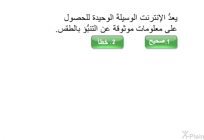 يعدُّ الإنترنت الوسيلةَ الوحيدة للحصول على معلومات موثوقة عن التنبُّؤ بالطقس.