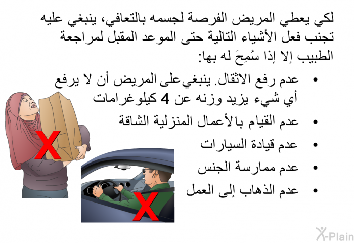 لكي يعطي المريض الفرصة لجسمه بالتعافي، ينبغي عليه تجنب فعل الأشياء التالية حتى الموعد المقبل لمراجعة الطبيب إلا إذا سُمِحَ له بها:  عدم رفع الاثقال. ينبغي على المريض أن لا يرفع أي شيء يزيد وزنه عن 4 كيلوغرامات. عدم القيام بالأعمال المنزلية الشاقة. عدم قيادة السيارات. عدم ممارسة الجنس. عدم الذهاب إلى العمل.