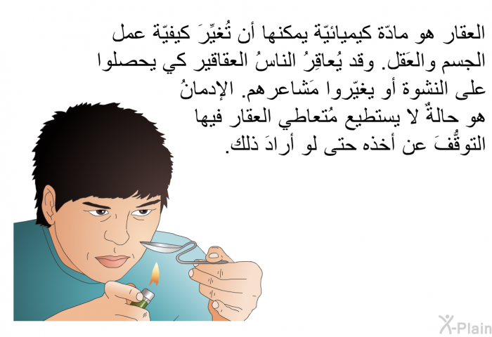 العقار هو مادّة كيميائيّة يمكنها أن تُغيِّرَ كيفيّة عمل الجسم والعَقل. وقد يُعاقِرُ الناسُ العقاقير كي يحصلوا على النشوة أو يغيّروا مَشاعرهم. الإدمانُ هو حالةٌ لا يستطيع مُتعاطي العقار فيها التوقُّفَ عن أخذه حتى لو أرادَ ذلك.