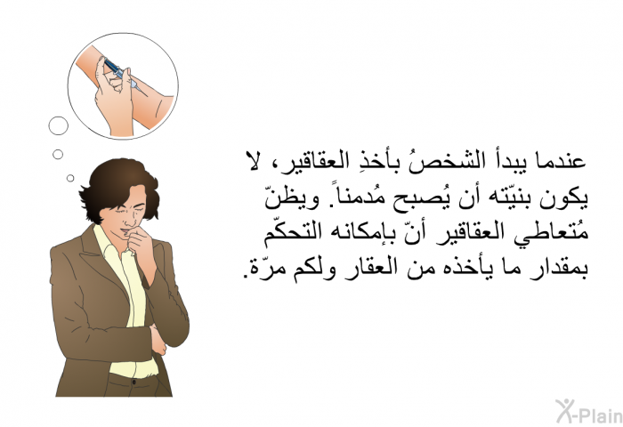 عندما يبدأ الشخصُ بأخذِ العقاقير، لا يكون بنيّته أن يُصبح مُدمناً. ويظنّ مُتعاطي العقاقير أنّ بإمكانه التحكّم بمقدار ما يأخذه من العقار ولكم مرّة.