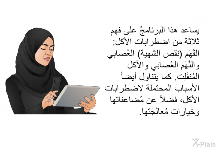 تساعد هذه المعلومات الصحية على فهم ثلاثة من اضطرابات الأكل: القَهَم (نقص الشهية) العُصابي والنَّهَم العُصابي والأكل المُنفَلِت. كما تتناول أيضاً الأسبابَ المحتملة لاضطرابات الأكل، فضلاً عن مُضاعفاتها وخيارات مُعالجَتها.