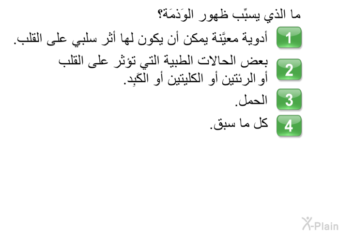 ما الذي يسبِّب ظهور الوَذمَة؟   أدوية معيَّنة يمكن أن يكون لها أثر سلبي على القلب.  بعض الحالات الطبية التي تؤثر على القلب أو الرئتين أو الكليتين أو الكَبِد.  الحمل.  كل ما سبق.