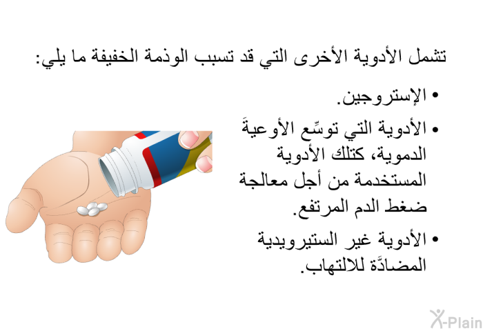 تشمل الأدوية الأخرى التي قد تسبب الوذمة الخفيفة ما يلي:   الإستروجين.  الأدوية التي توسِّع الأوعيةَ الدموية، كتلك الأدوية المستخدمة من أجل معالجة ضغط الدم المرتفع. الأدوية غير الستيرويدية المضادَّة للالتهاب.