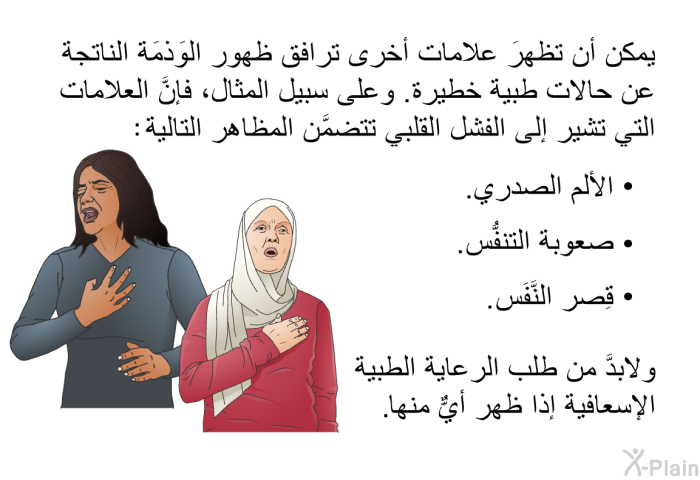 يمكن أن تظهرَ علامات أخرى ترافق ظهور الوَذمَة الناتجة عن حالات طبية خطيرة. وعلى سبيل المثال، فإنَّ العلامات التي تشير إلى الفشل القلبي تتضمَّن المظاهر التالية:   الألم الصدري.  صعوبة التنفُّس.  قِصر النَّفَس.  
 ولابدَّ من طلب الرعاية الطبية الإسعافية إذا ظهر أيٌّ منها.