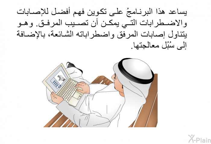 تساعد هذه المعلومات الصحية على تكوين فهم أفضل للإصابات والاضطرابات التي يمكن أن تصيب المرفق. وهي تتناول إصابات المرفق واضطراباته الشائعة، بالإضافة إلى سُبُل معالجتها.