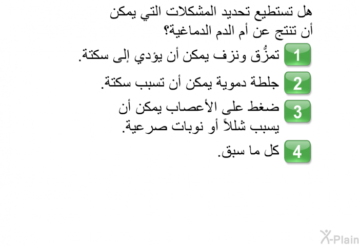هل تستطيع تحديد المشكلات التي يمكن أن تنتج عن أم الدم الدماغية؟   تمزُّق ونزف يمكن أن يؤدي إلى سكتة.  جلطة دموية يمكن أن تسبب سكتة.  ضغط على الأعصاب يمكن أن يسبب شللاً أو نوبات صرعية.  كل ما سبق.