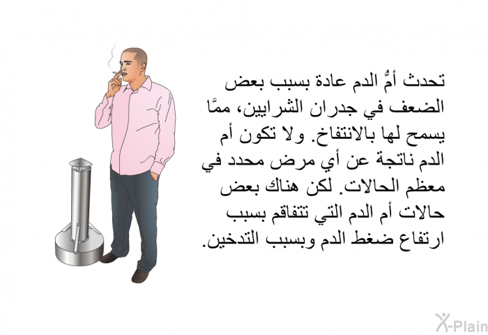 تحدث أمُّ الدم عادة بسبب بعض الضعف في جدران الشرايين، ممَّا يسمح لها بالانتفاخ. ولا تكون أم الدم ناتجة عن أي مرض محدد في معظم الحالات. لكن هناك بعض حالات أم الدم التي تتفاقم بسبب ارتفاع ضغط الدم وبسبب التدخين.